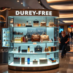 An elegantly designed duty-free display showcasing a variety of luxury items, including perfumes, cosmetics, designer handbags, and high-end electronics