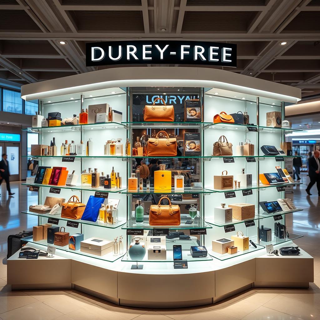 An elegantly designed duty-free display showcasing a variety of luxury items, including perfumes, cosmetics, designer handbags, and high-end electronics