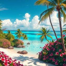 A dreamlike depiction of paradise, showcasing lush tropical landscapes filled with vibrant flowers and towering palm trees