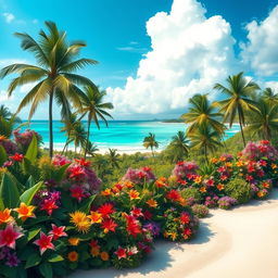 A dreamlike depiction of paradise, showcasing lush tropical landscapes filled with vibrant flowers and towering palm trees
