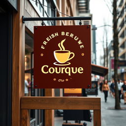 A modern and vibrant signage design for a boutique coffee shop, featuring a sleek logo with a coffee cup illustration