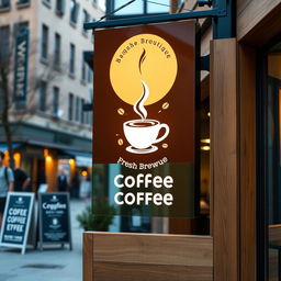 A modern and vibrant signage design for a boutique coffee shop, featuring a sleek logo with a coffee cup illustration