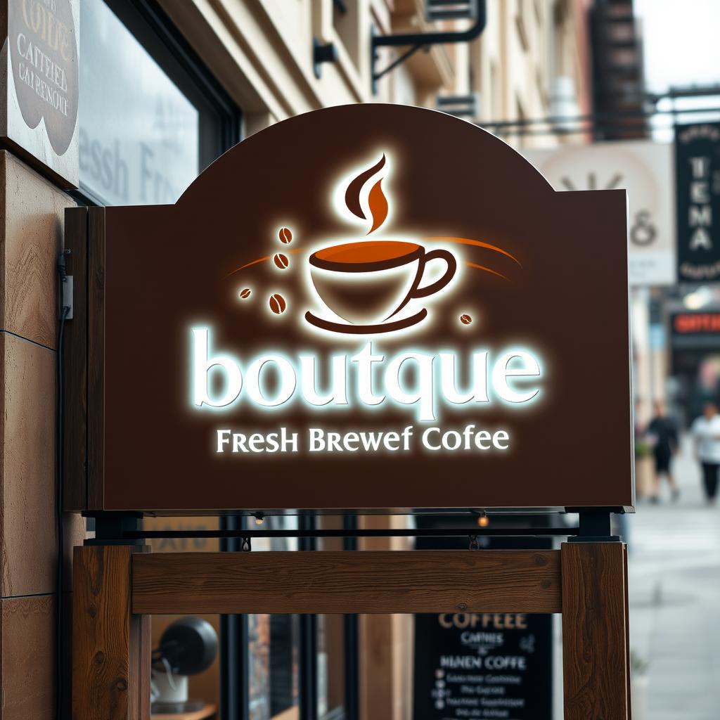 A modern and vibrant signage design for a boutique coffee shop, featuring a sleek logo with a coffee cup illustration