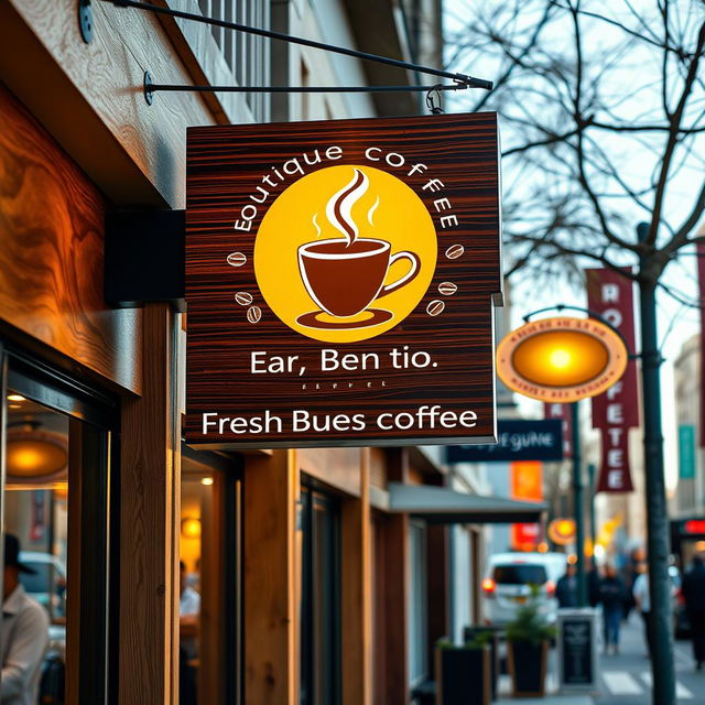 A modern and vibrant signage design for a boutique coffee shop, featuring a sleek logo with a coffee cup illustration