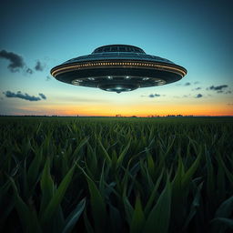 A dramatic raw photograph capturing a large UFO hovering above a vast cornfield