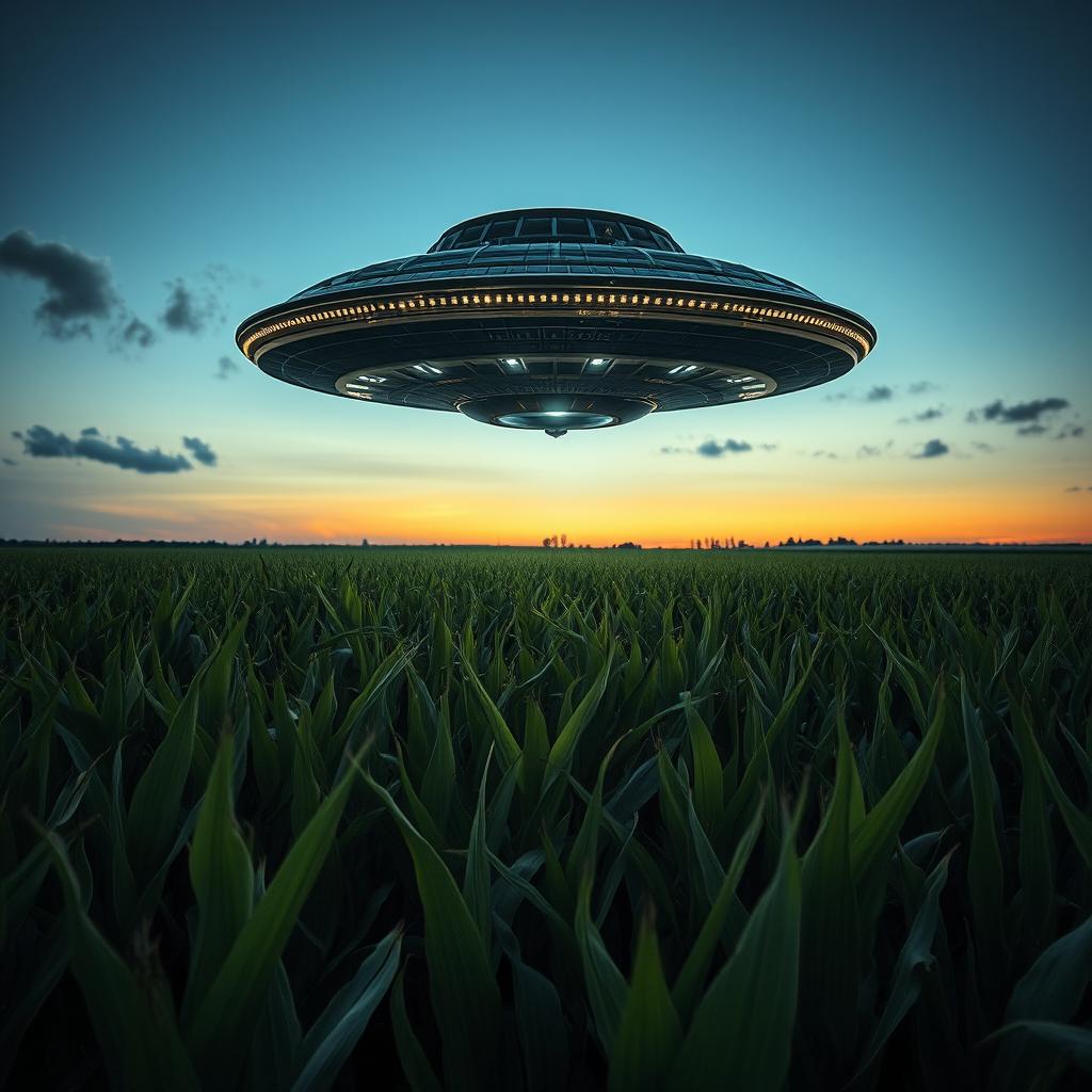 A dramatic raw photograph capturing a large UFO hovering above a vast cornfield