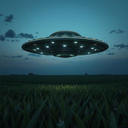 A dramatic raw photograph capturing a large UFO hovering above a vast cornfield