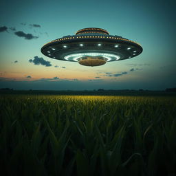 A dramatic raw photograph capturing a large UFO hovering above a vast cornfield
