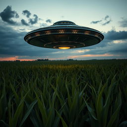 A dramatic raw photograph capturing a large UFO hovering above a vast cornfield