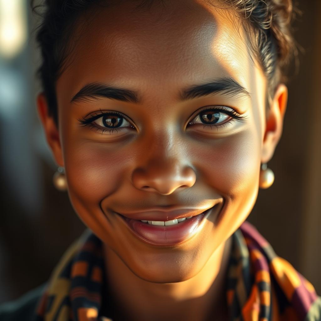 A close-up portrait of a person with a unique and striking face, showing vibrant details, expressive eyes, and a warm smile