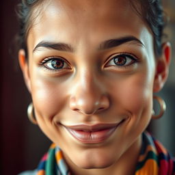A close-up portrait of a person with a unique and striking face, showing vibrant details, expressive eyes, and a warm smile