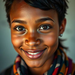 A close-up portrait of a person with a unique and striking face, showing vibrant details, expressive eyes, and a warm smile