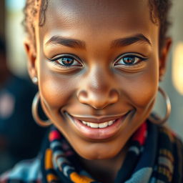 A close-up portrait of a person with a unique and striking face, showing vibrant details, expressive eyes, and a warm smile