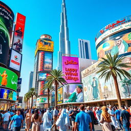 A vibrant and dynamic street scene in Dubai showcasing various types of signage