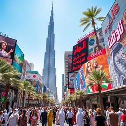 A vibrant and dynamic street scene in Dubai showcasing various types of signage