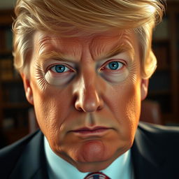 A close-up portrait of Donald Trump, showcasing his distinct blue eyes with a sharp focus on their vivid color