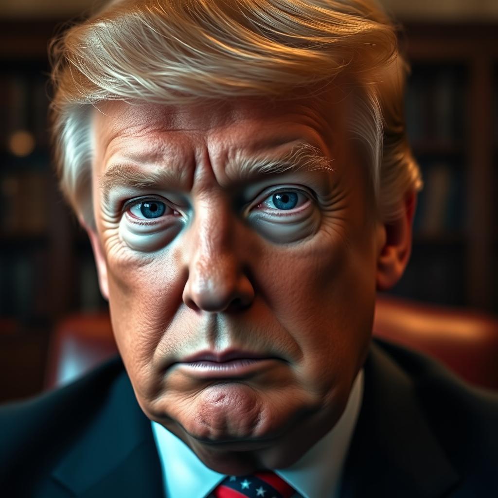 A close-up portrait of Donald Trump, showcasing his distinct blue eyes with a sharp focus on their vivid color