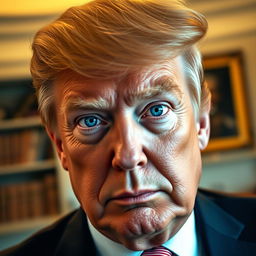 A close-up portrait of Donald Trump, showcasing his distinct blue eyes with a sharp focus on their vivid color