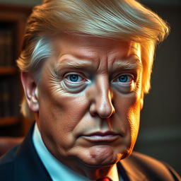 A close-up portrait of Donald Trump, showcasing his distinct blue eyes with a sharp focus on their vivid color