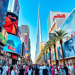 A vibrant and dynamic street scene in Dubai showcasing various types of signage