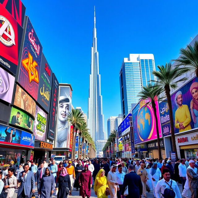 A vibrant and dynamic street scene in Dubai showcasing various types of signage
