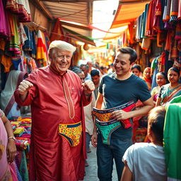 A whimsical scene featuring Donald Trump and Elon Musk at a vibrant local market in India, enthusiastically selling colorful underwear