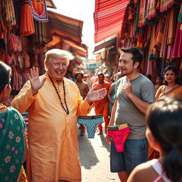 A whimsical scene featuring Donald Trump and Elon Musk at a vibrant local market in India, enthusiastically selling colorful underwear