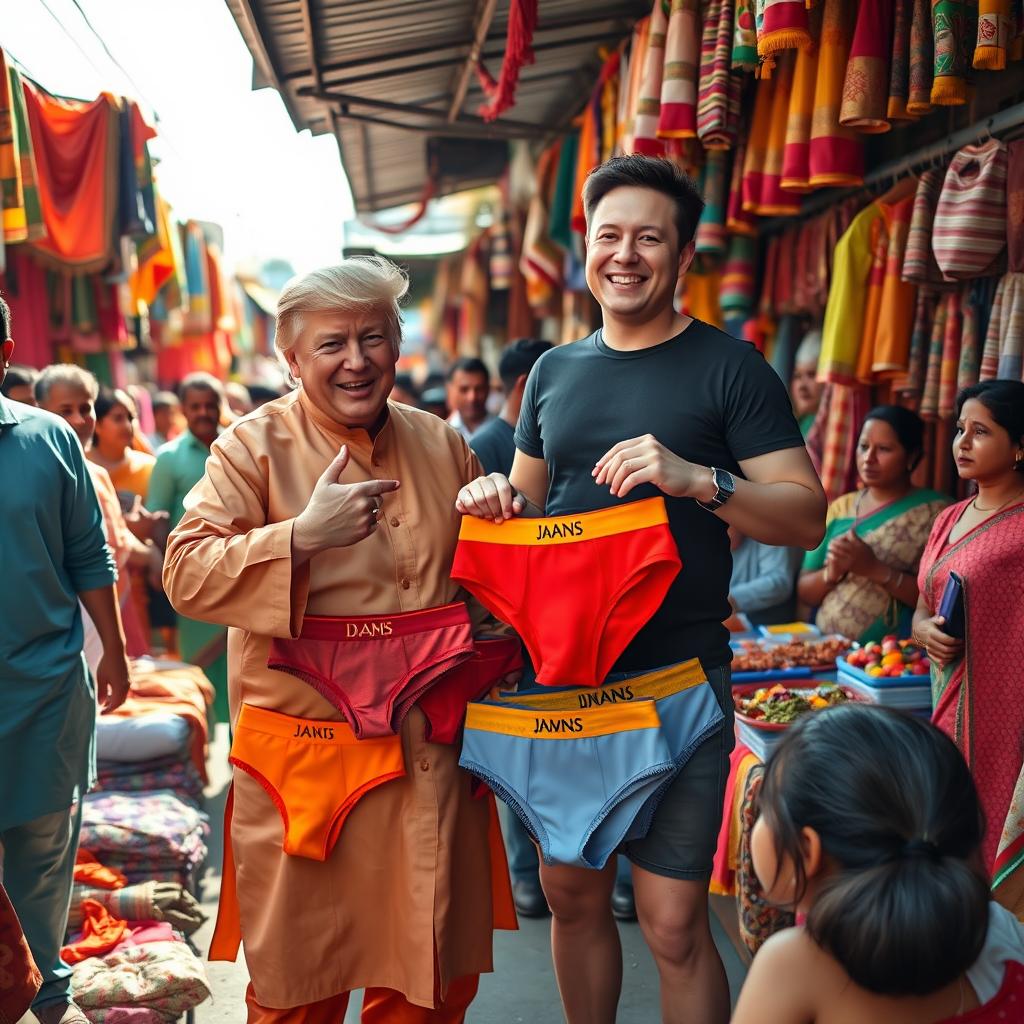 A whimsical scene featuring Donald Trump and Elon Musk at a vibrant local market in India, enthusiastically selling colorful underwear