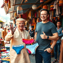 A whimsical scene featuring Donald Trump and Elon Musk at a vibrant local market in India, enthusiastically selling colorful underwear