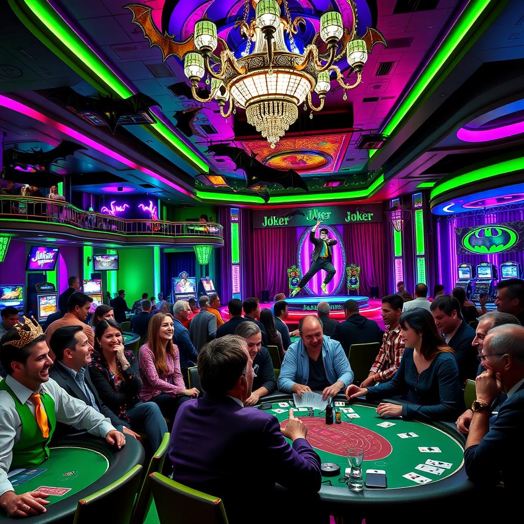 A vibrant and dynamic scene inside a luxurious casino themed around the Joker from Batman