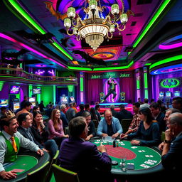 A vibrant and dynamic scene inside a luxurious casino themed around the Joker from Batman