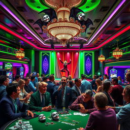A vibrant and dynamic scene inside a luxurious casino themed around the Joker from Batman