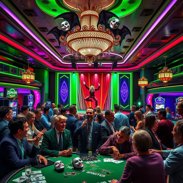 A vibrant and dynamic scene inside a luxurious casino themed around the Joker from Batman