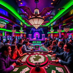 A vibrant and dynamic scene inside a luxurious casino themed around the Joker from Batman