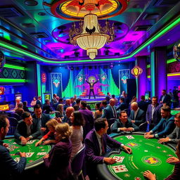 A vibrant and dynamic scene inside a luxurious casino themed around the Joker from Batman