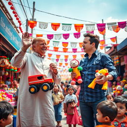 A lively scene depicting Donald Trump and Elon Musk at a bustling local market in India, enthusiastically selling colorful toys aimed at children