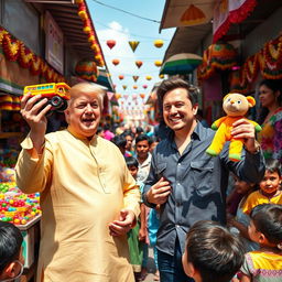 A lively scene depicting Donald Trump and Elon Musk at a bustling local market in India, enthusiastically selling colorful toys aimed at children