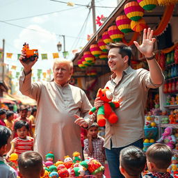 A lively scene depicting Donald Trump and Elon Musk at a bustling local market in India, enthusiastically selling colorful toys aimed at children