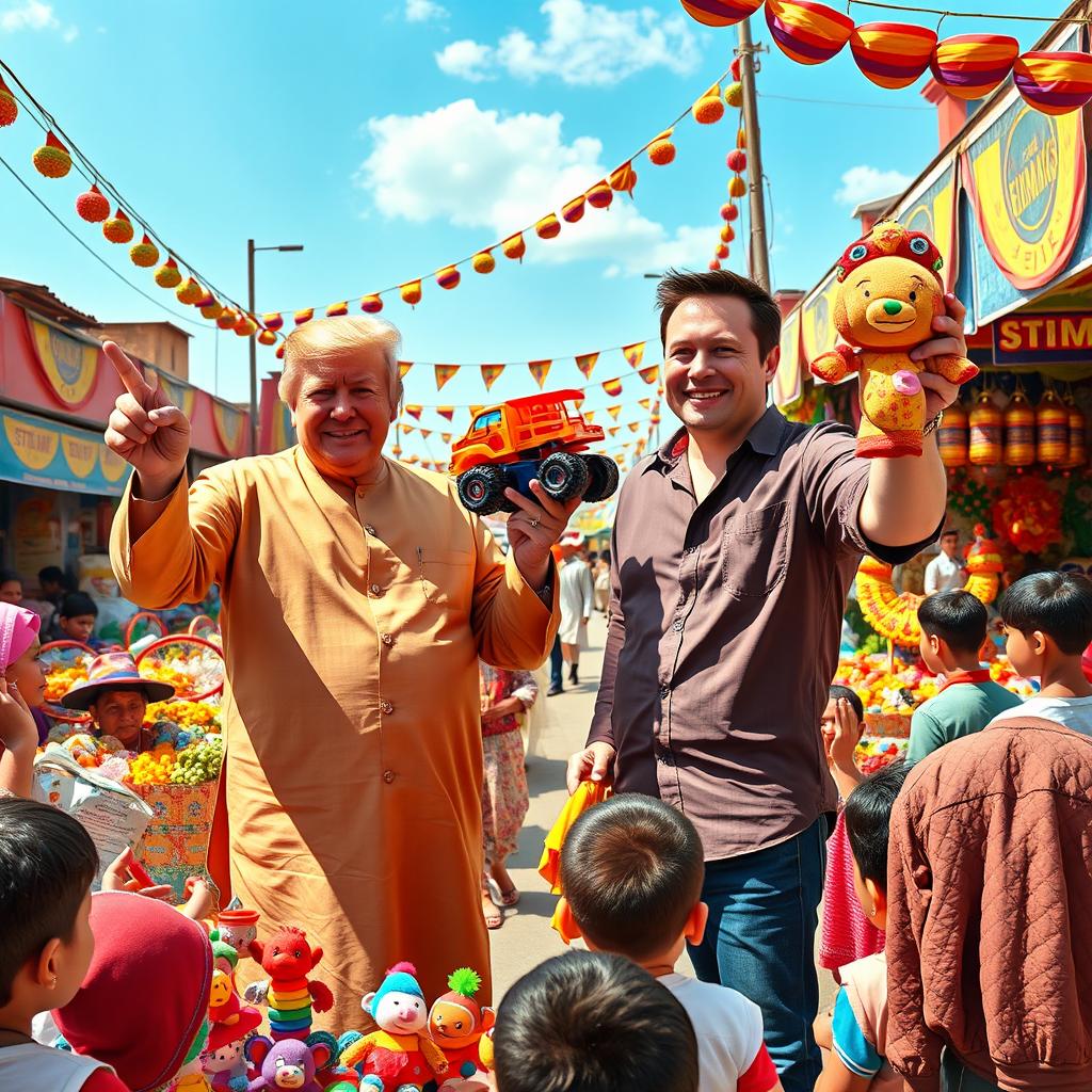A lively scene depicting Donald Trump and Elon Musk at a bustling local market in India, enthusiastically selling colorful toys aimed at children