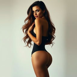 A sexy woman standing backwards, showcasing her alluring figure