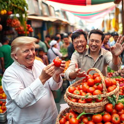 A lively and engaging scene of Donald Trump and Elon Musk at a colorful vegetable market in India, joyfully selling fresh red tomatoes