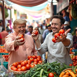 A lively and engaging scene of Donald Trump and Elon Musk at a colorful vegetable market in India, joyfully selling fresh red tomatoes