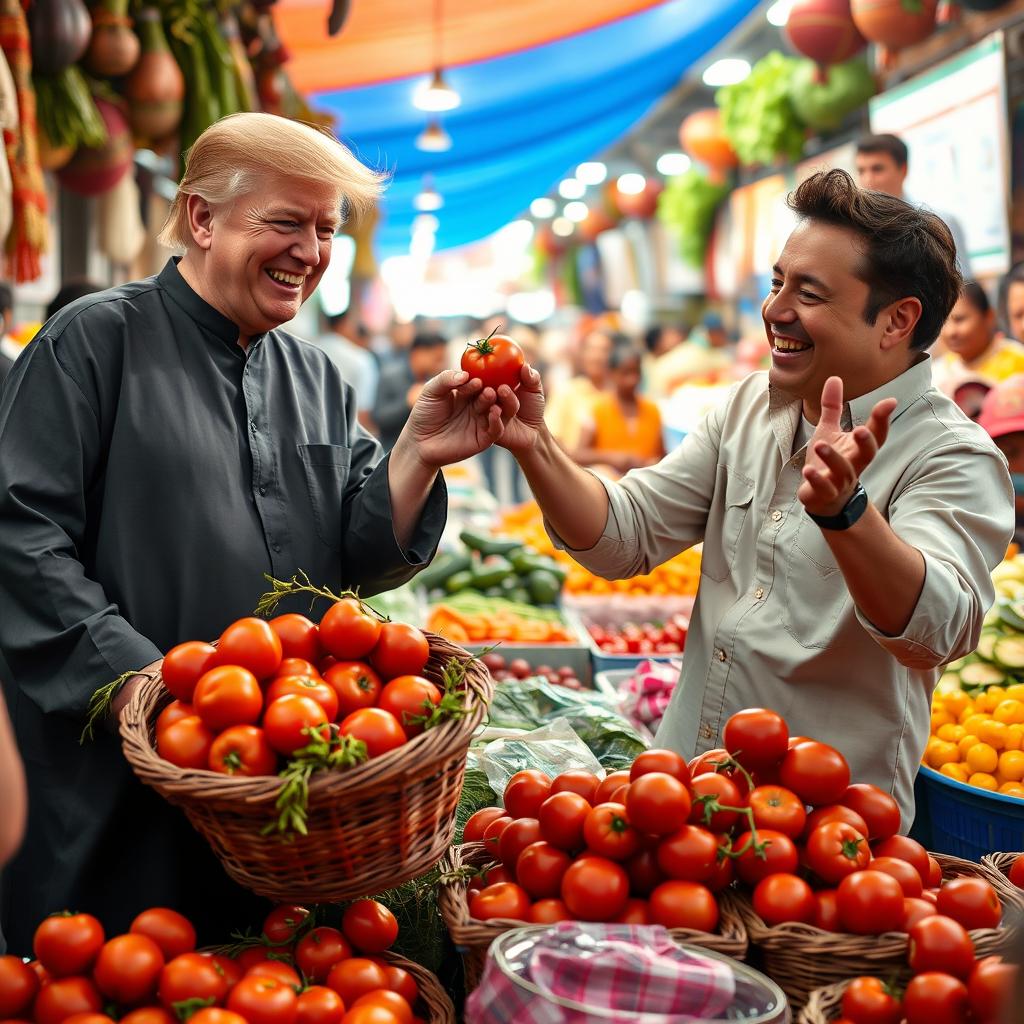 A lively and engaging scene of Donald Trump and Elon Musk at a colorful vegetable market in India, joyfully selling fresh red tomatoes