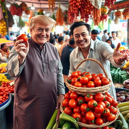 A lively and engaging scene of Donald Trump and Elon Musk at a colorful vegetable market in India, joyfully selling fresh red tomatoes