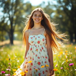 A beautiful young woman with long flowing hair, wearing a flowing summer dress, standing in a sunlit field filled with wildflowers