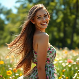 A beautiful young woman with long flowing hair, wearing a flowing summer dress, standing in a sunlit field filled with wildflowers