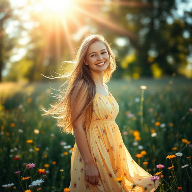 A beautiful young woman with long flowing hair, wearing a flowing summer dress, standing in a sunlit field filled with wildflowers