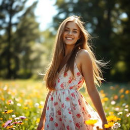 A beautiful young woman with long flowing hair, wearing a flowing summer dress, standing in a sunlit field filled with wildflowers