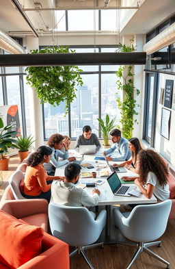 A modern startup office with an open-concept layout, featuring a young diverse team of professionals collaborating around a large table filled with laptops and brainstorming materials