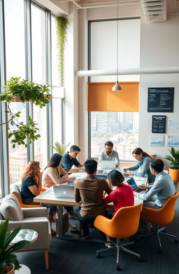 A modern startup office with an open-concept layout, featuring a young diverse team of professionals collaborating around a large table filled with laptops and brainstorming materials